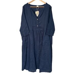 Lintico NWT Navy Blue Linen Pullover Dress with Pockets and Pintucks size XXL